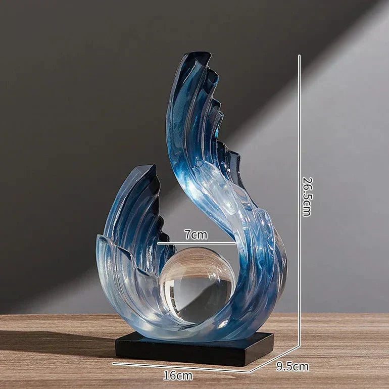 Fitlybuy Ethereal Flow glass sculpture in blue wave design with a crystal sphere on a black base, showing dimensions.