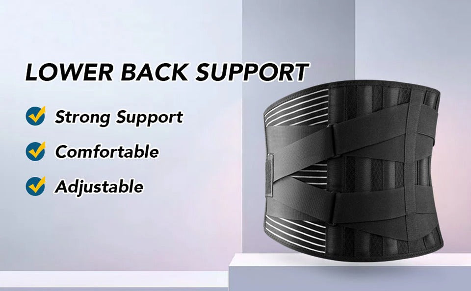 Black orthopedic lumbar back brace with adjustable straps and 6 stays for strong, comfortable support.