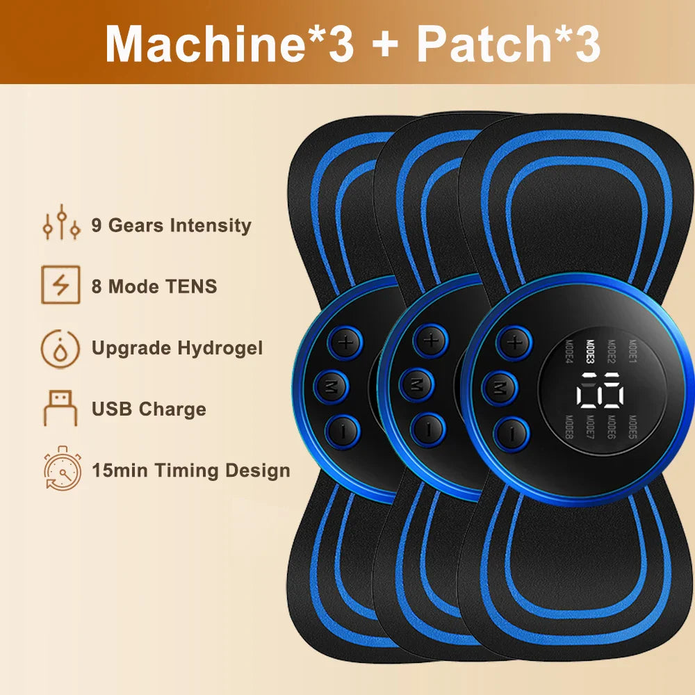 Fitlybuy EMS Neck Massager: 3 black/blue wireless units with 8 TENS modes, 9 intensity gears, and USB charging.
