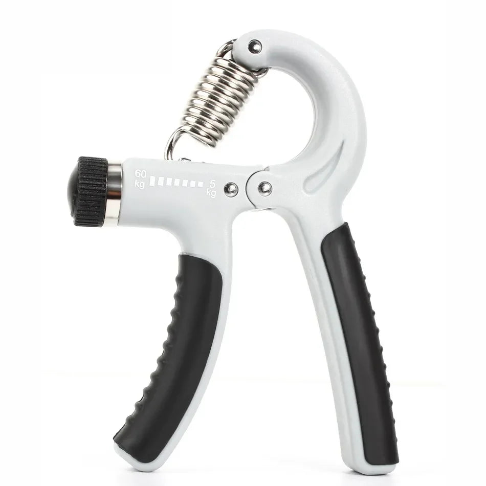 Fitlybuy adjustable grey hand gripper with black ergonomic grips and 5-60kg resistance scale for forearm training.