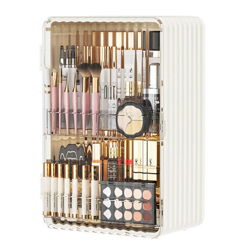 Fitlybuy Luxo beige, dust-proof makeup organizer with magnetic clear door, holding brushes, palettes, and cosmetics.