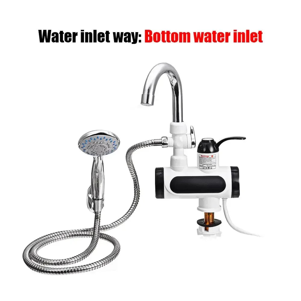Fitlybuy 3000W instant hot water tap with digital temperature display, chrome faucet, and handheld shower attachment.