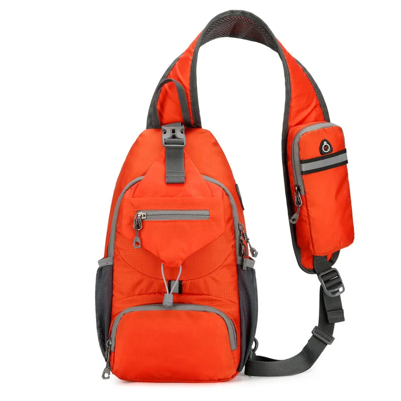 Orange Fitlybuy anti-theft waterproof shoulder backpack with grey straps, multiple zippered pockets, and mesh sides.