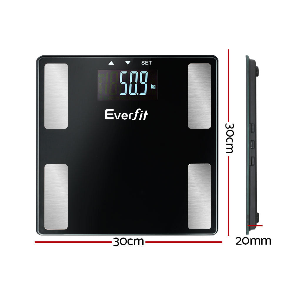 Black Everfit smart scale with digital display, metal sensors, and 30x30x2cm dimensions, isolated on white.