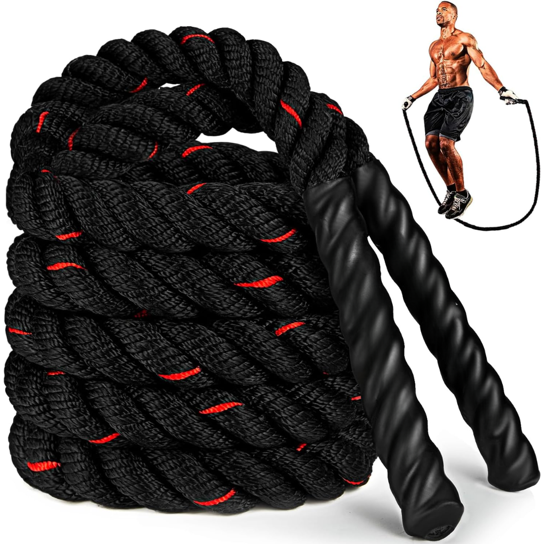 Fitlybuy black weighted skipping rope with red accents and ergonomic handles, shown in use by an athletic man.