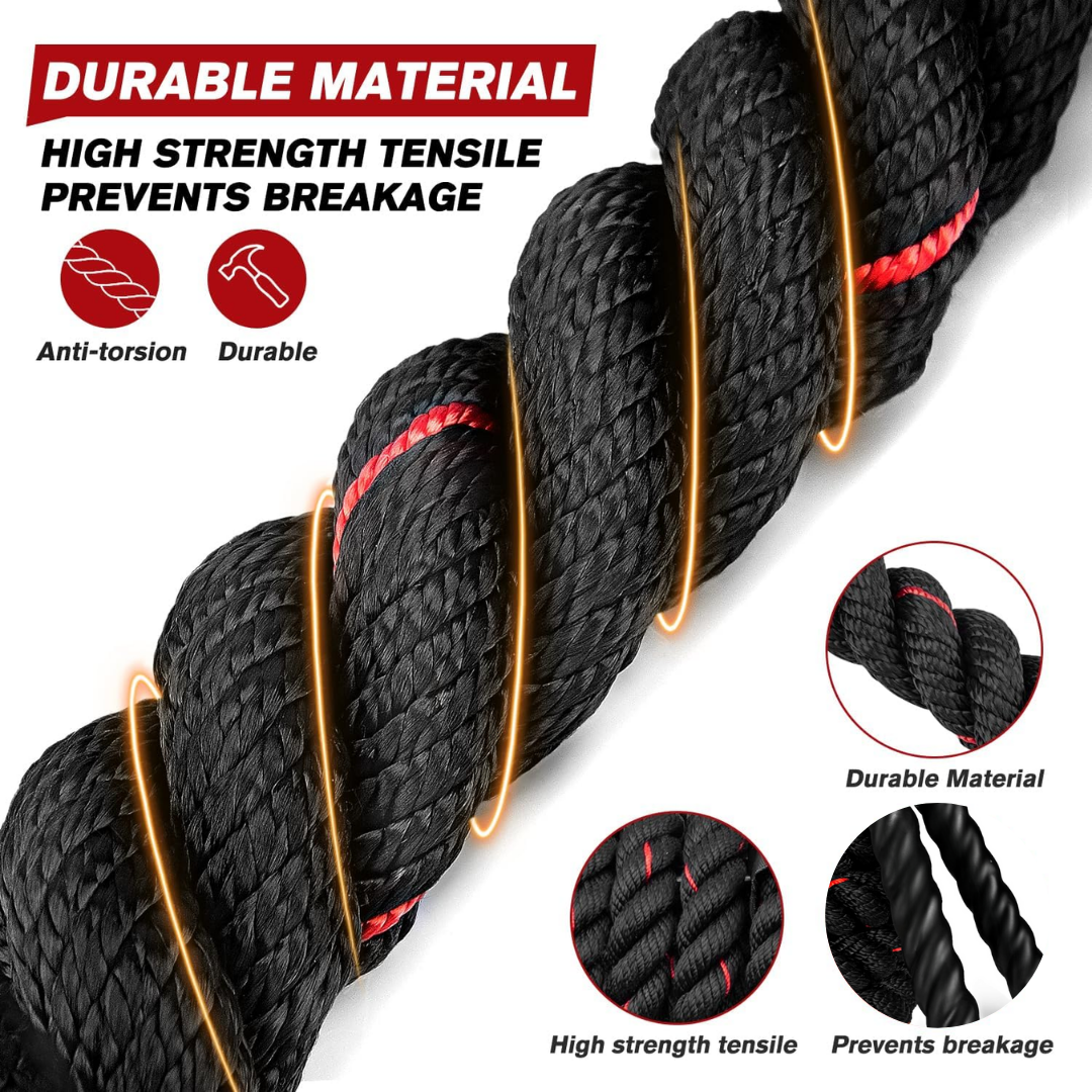 Fitlybuy PowerJump heavy black rope with red accents, highlighting durable, anti-torsion, high-tensile strength design.