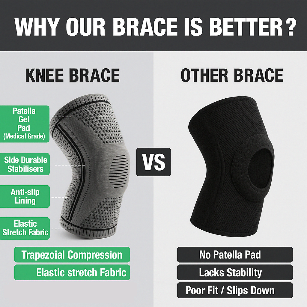 Comparison chart showing grey Fitlybuy knee brace with FlexiSupport stabilizers vs. a standard black knee brace.