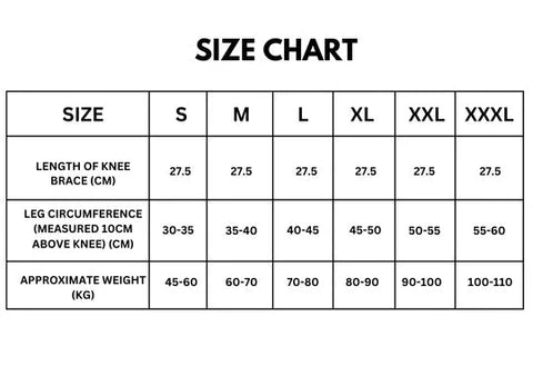 Fitlybuy Knee Brace size chart showing length, leg circumference, and weight in kg for sizes S through XXXL.
