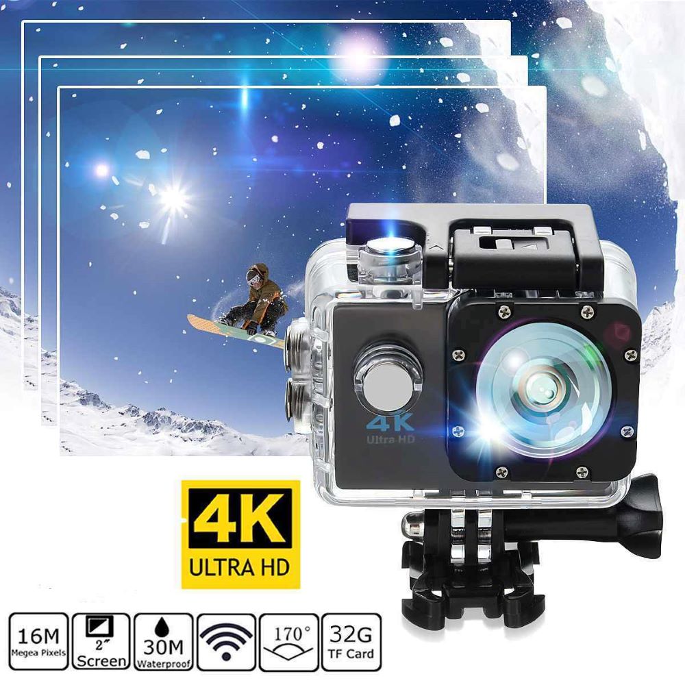 Fitlybuy 4K action camera in waterproof housing with snow sports background, 16MP specs, and WiFi connectivity.