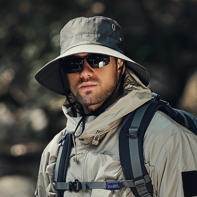 Man in a charcoal grey breathable Fitlybuy SUNSAFE bucket hat with a chin strap, wearing outdoor hiking gear.