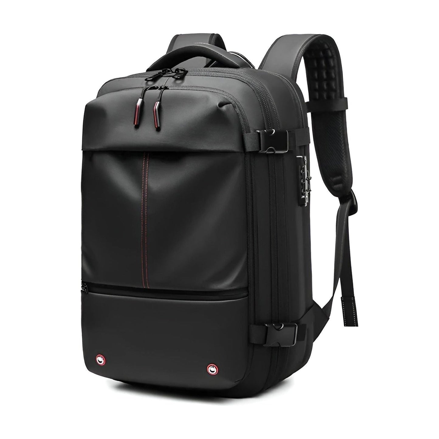 Black Fitlybuy Lara vacuum compression travel backpack with side buckle straps, sleek design, and carry-on capability.