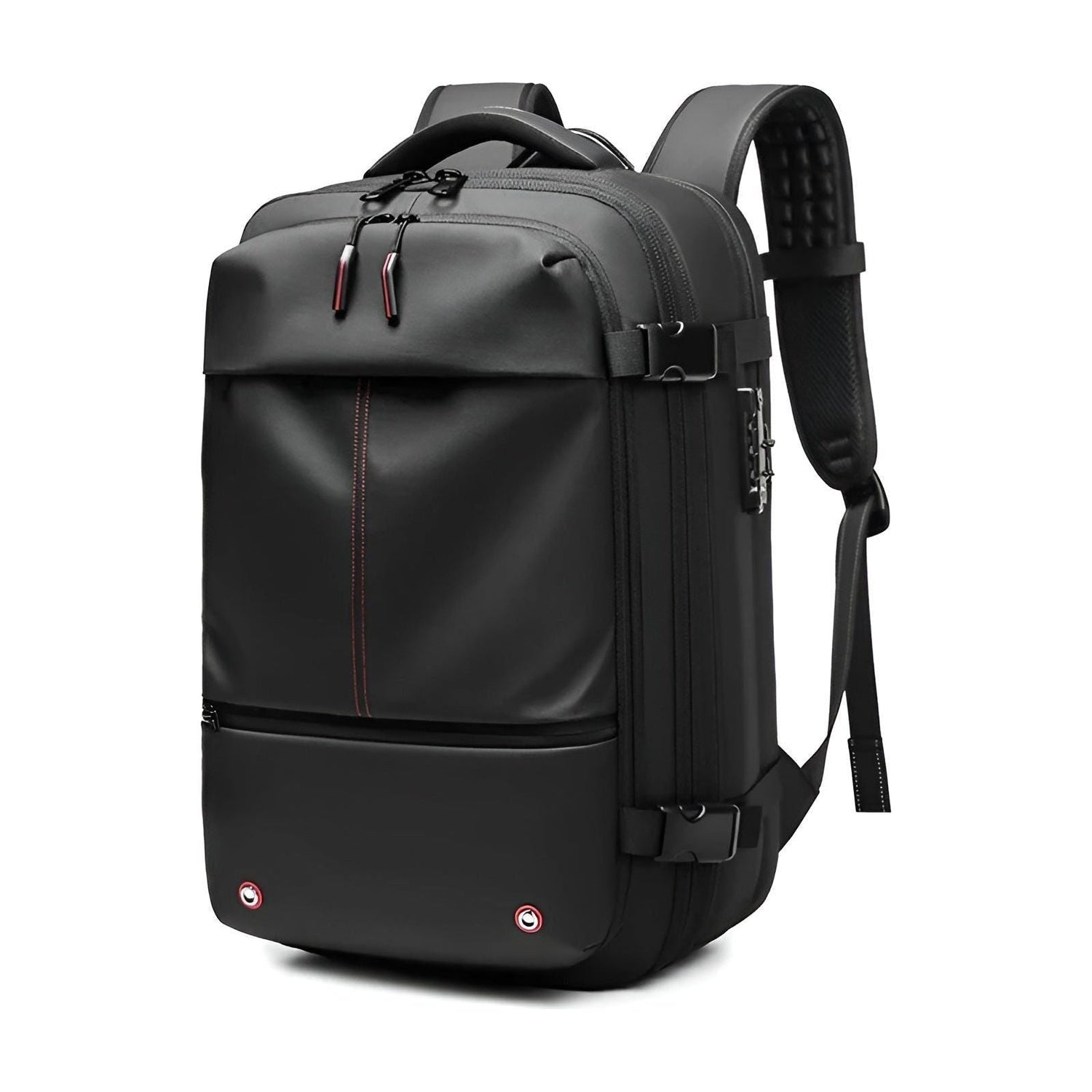 Black Fitlybuy Lara vacuum compression travel backpack with side buckle straps, sleek design, and carry-on capability.