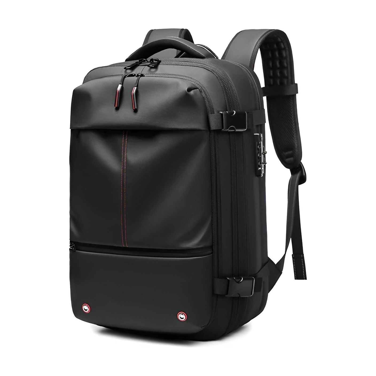 Black Fitlybuy Lara vacuum compression travel backpack with side buckle straps, sleek design, and carry-on capability.