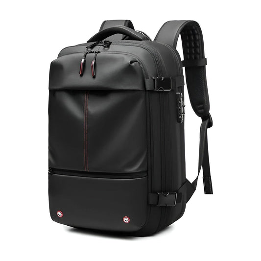 Black Fitlybuy Lara vacuum compression travel backpack with side buckle straps, sleek design, and carry-on capability.