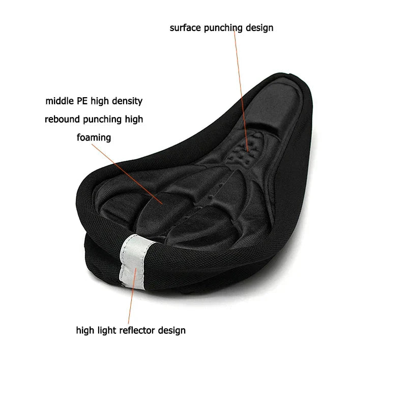 Black Fitlybuy ComfortRide bike seat cover with gel cushioning, reflective strip, and breathable perforated surface.
