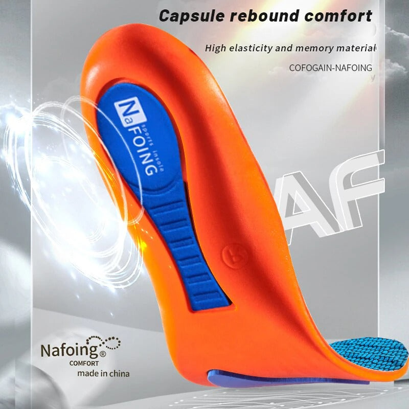 Orange and blue Fitlybuy orthopedic sports insole with arch support technology and capsule rebound comfort design.