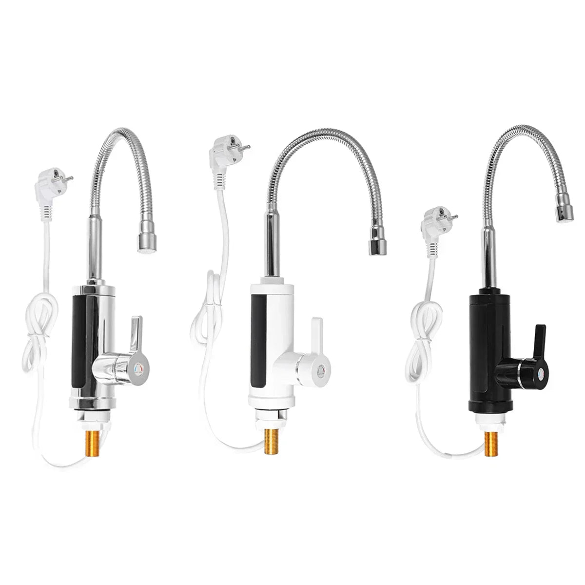 Three Fitlybuy FlowHeat 3000W instant hot water taps in chrome, white, and black with digital temperature displays.