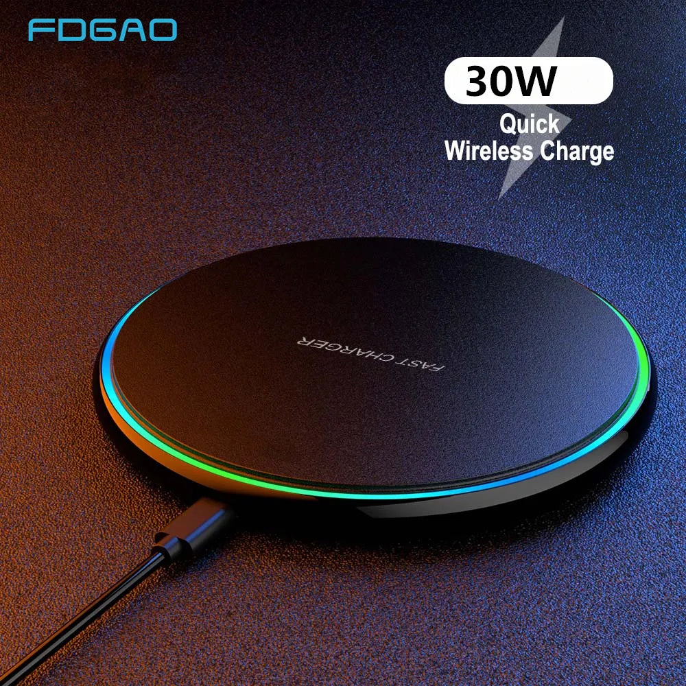 Black 30W wireless charging pad with LED ring and USB-C cable on a dark background with "Quick Wireless Charge" text.