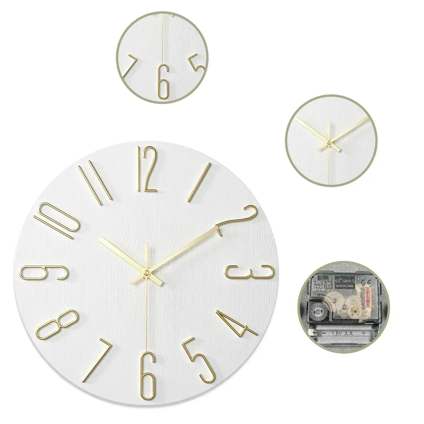Scandinavian frameless wall clock with white wood grain face, gold numbers, and silent quartz movement details.