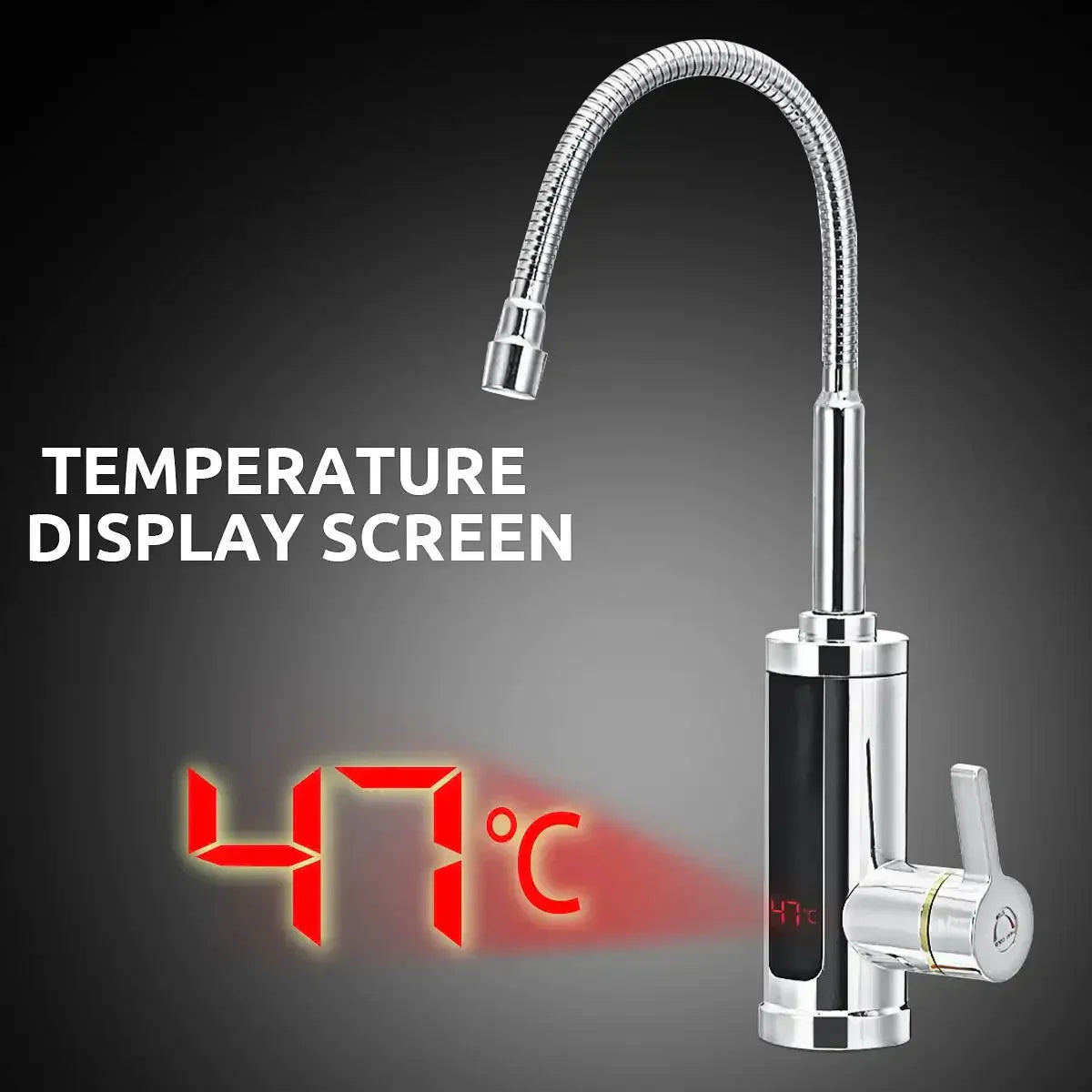 Fitlybuy FlowHeat 3000W chrome kitchen tap with flexible neck and digital temperature display showing 47°C.