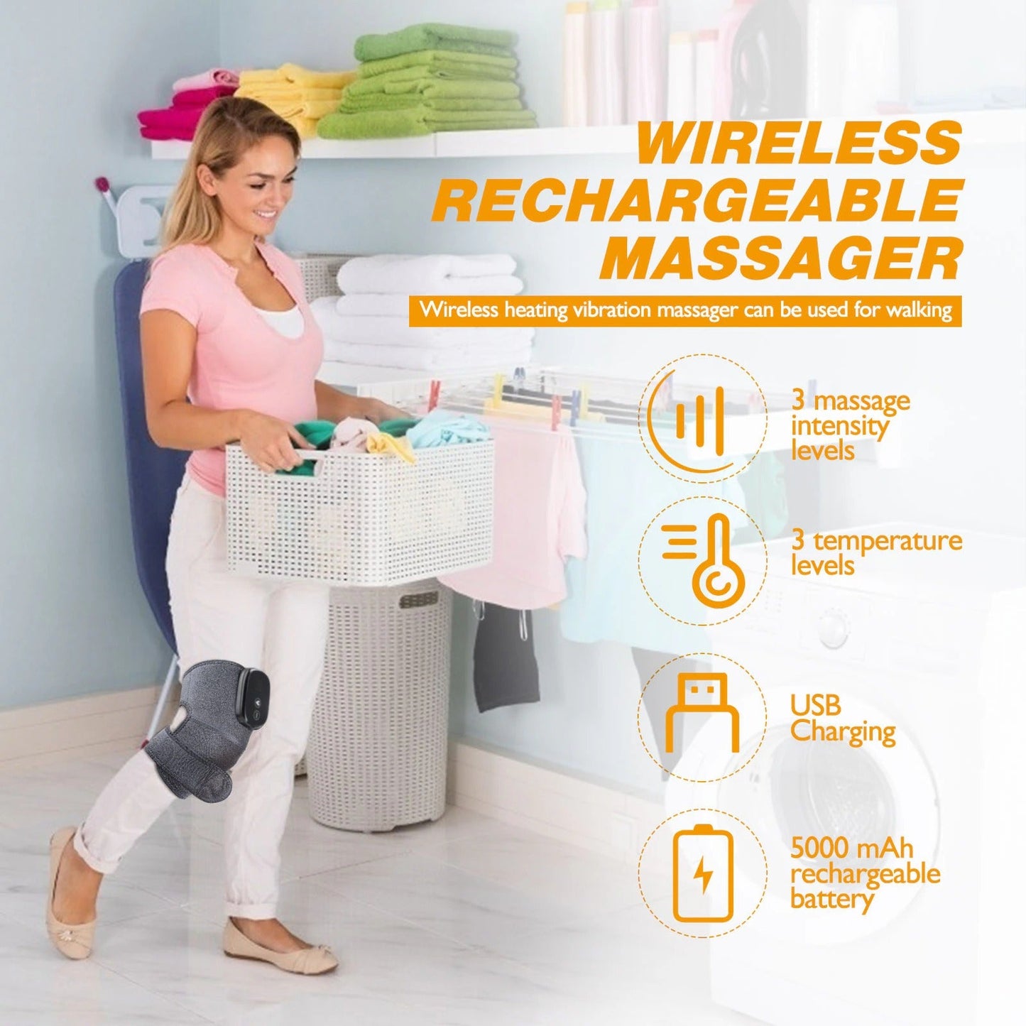 Woman wearing a grey Fitlybuy 3-in-1 thermal knee massager with heat and vibration settings while doing laundry.