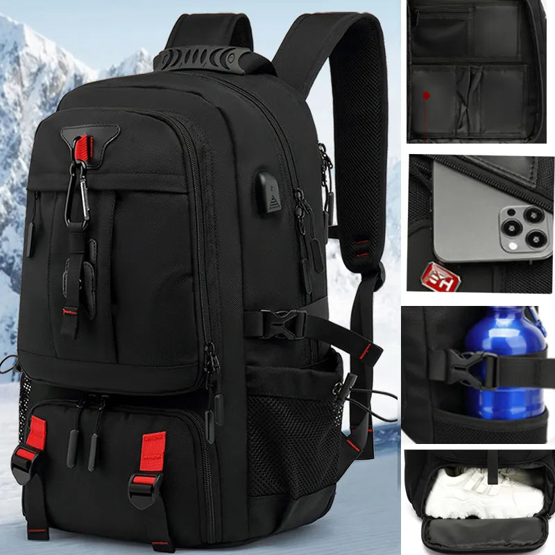 Fitlybuy Tech Trek Pro black backpack with red accents, USB port, multi-compartment storage, and snowy mountain backdrop.
