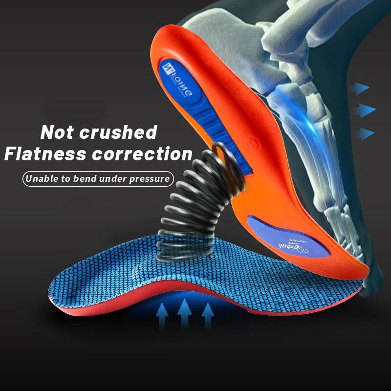Fitlybuy orange and blue orthopedic sports insoles with arch support, showing durability under pressure.