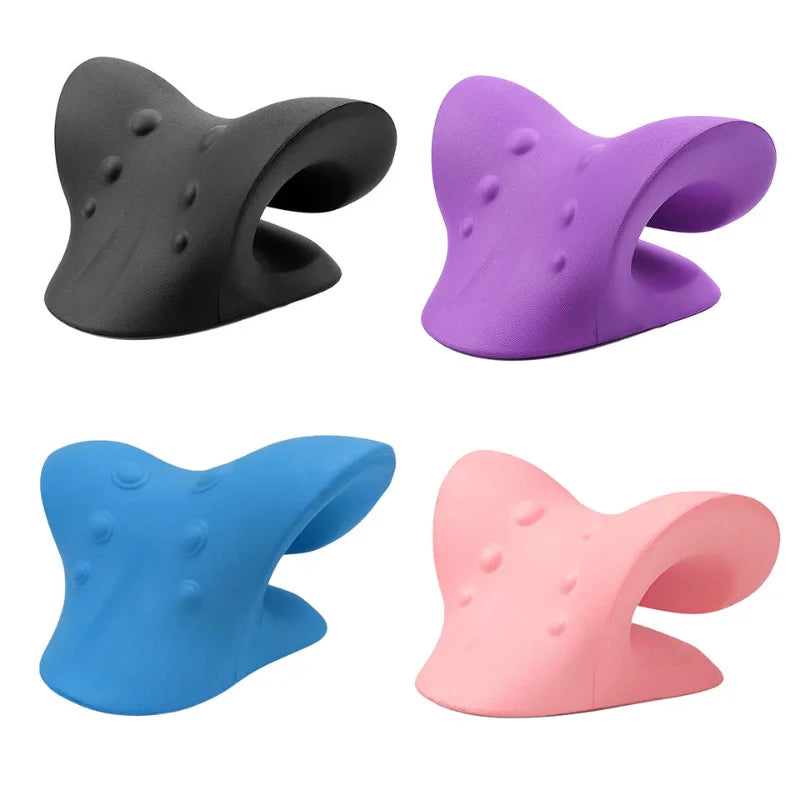 Four Fitlybuy ergonomic cervical spine stretch pillows in black, purple, blue, and pink with textured massage nodes.