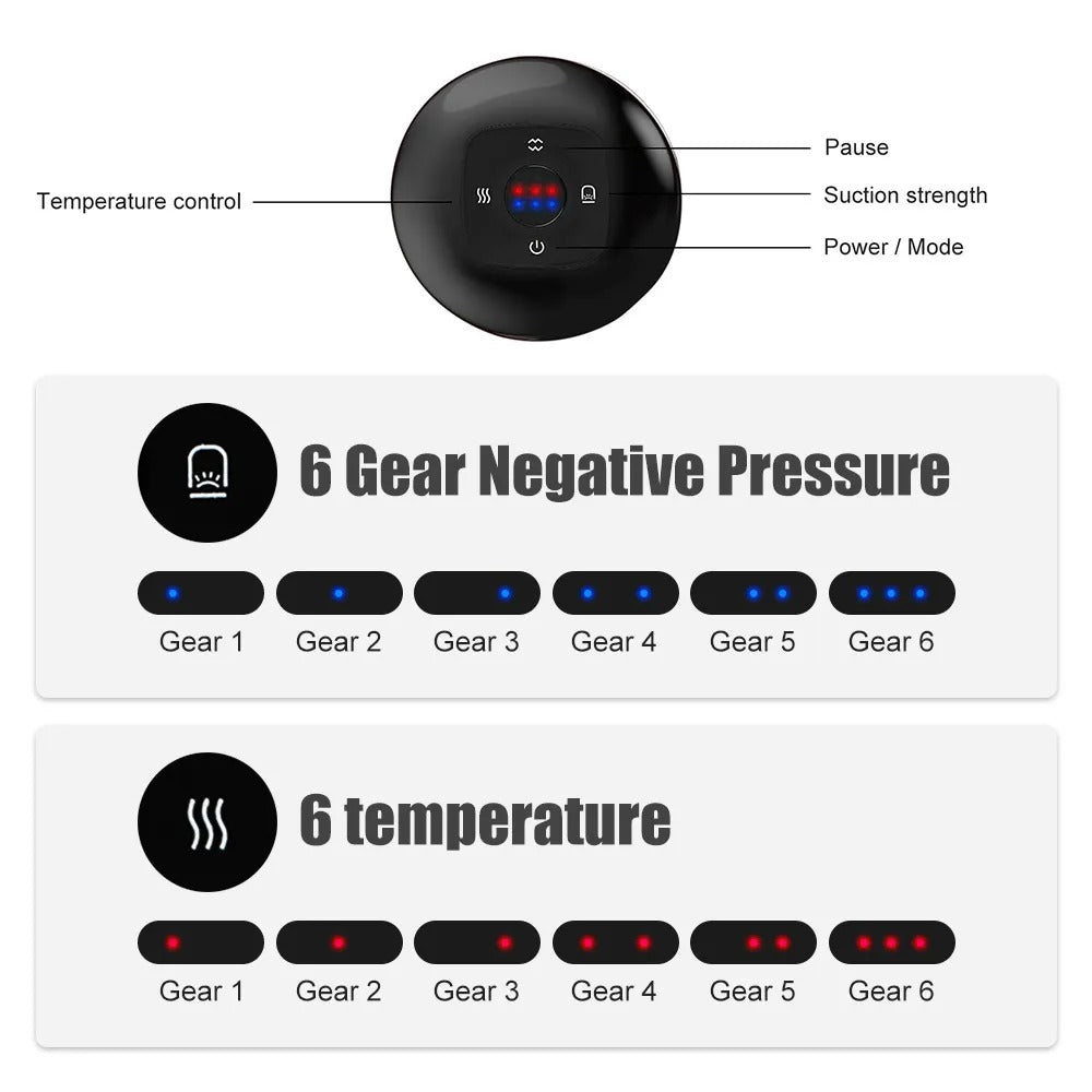 Black Fitlybuy electric vacuum cupping massager with 6 suction and temperature levels and digital control interface.