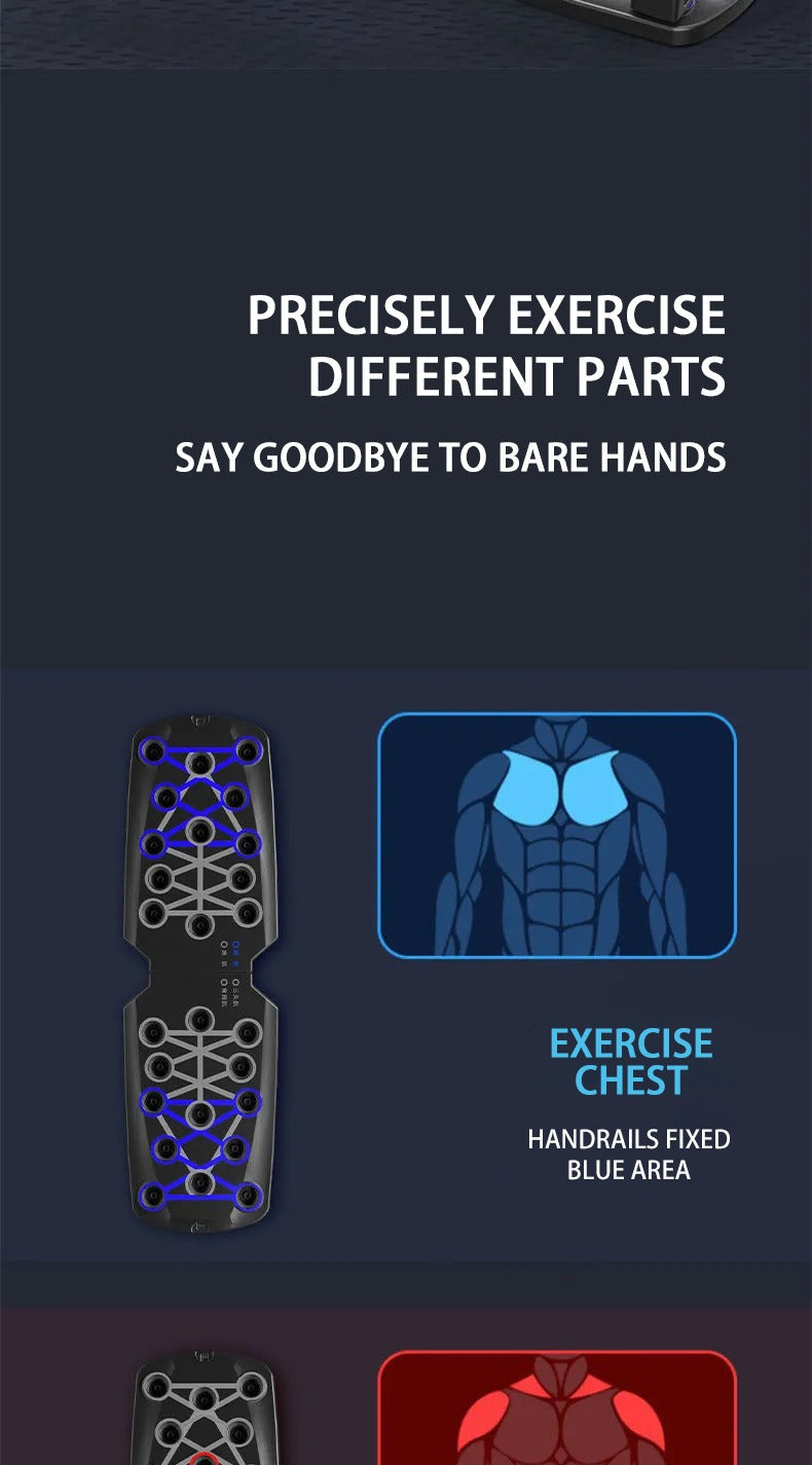 Black Fitlybuy folding push-up board with blue-coded slots to target chest muscles, shown in a fitness guide graphic.
