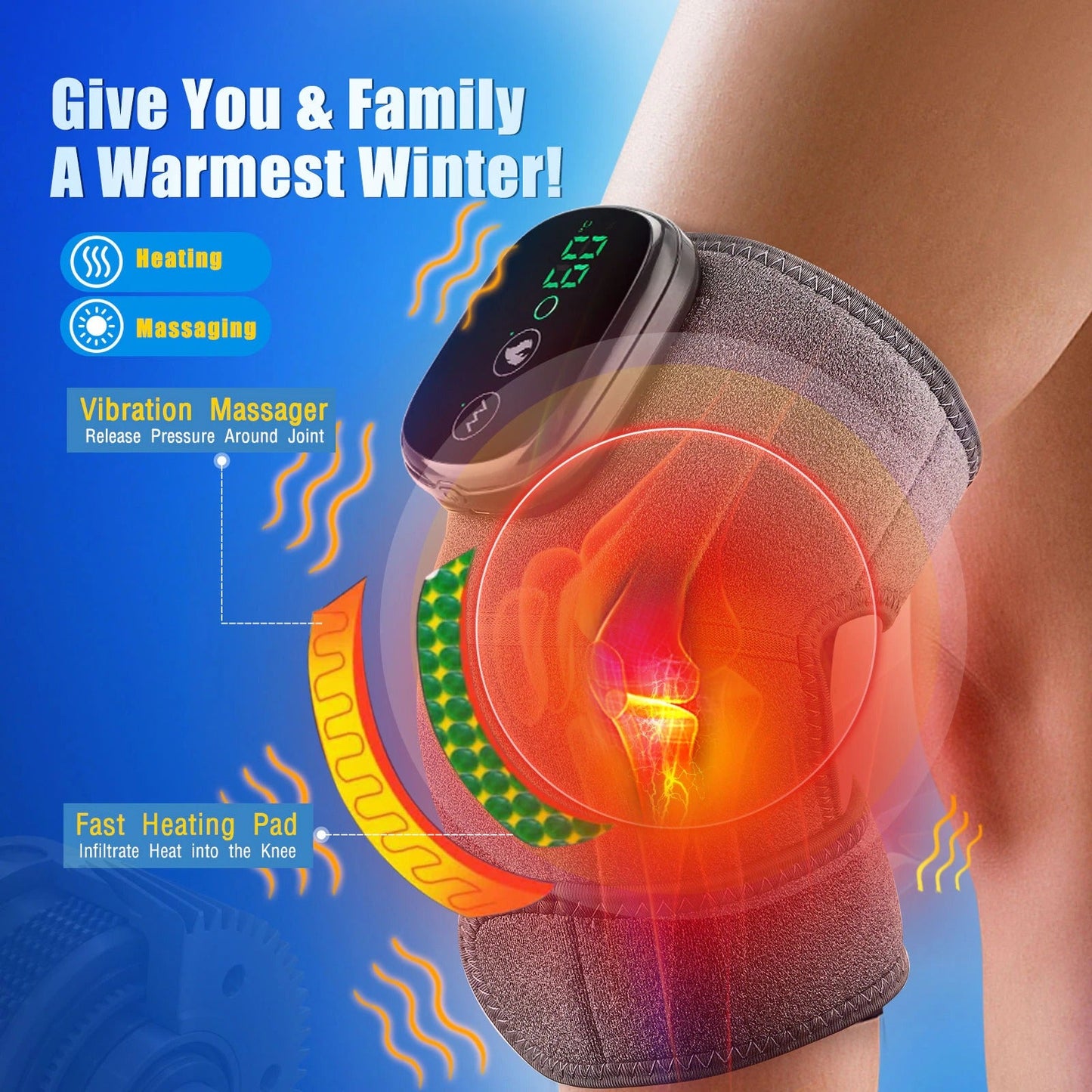 Fitlybuy 3-in-1 thermal knee massager: grey wrap with digital heat and vibration therapy shown on a human knee.