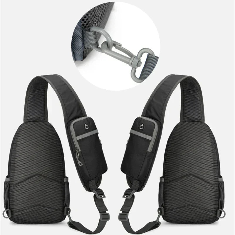Black Fitlybuy waterproof shoulder backpack with multi-pockets, lightweight mesh back, and secure strap clip detail.