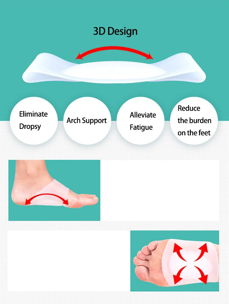 Fitlybuy white 3D silicone arch support insoles shown on feet to reduce fatigue, improve flat feet, and provide support.