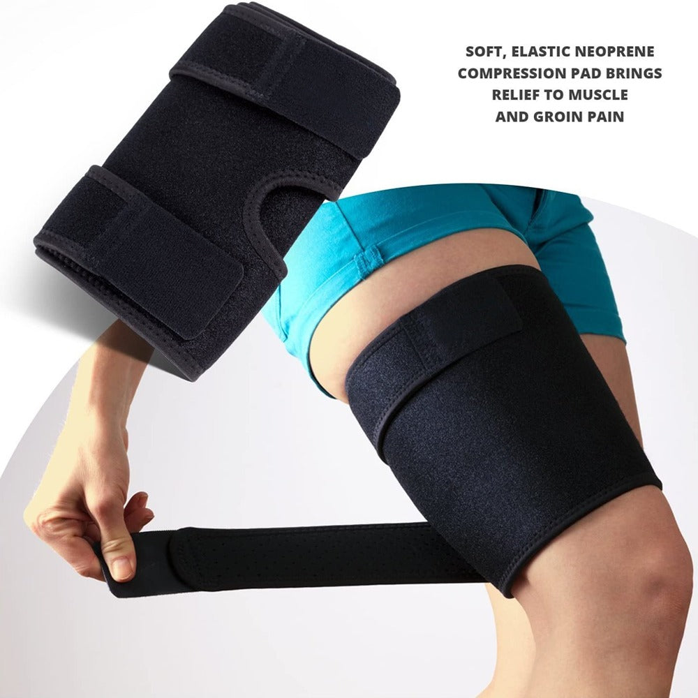 Fitlybuy black neoprene thigh brace support wrapped around a person's leg with adjustable compression straps.