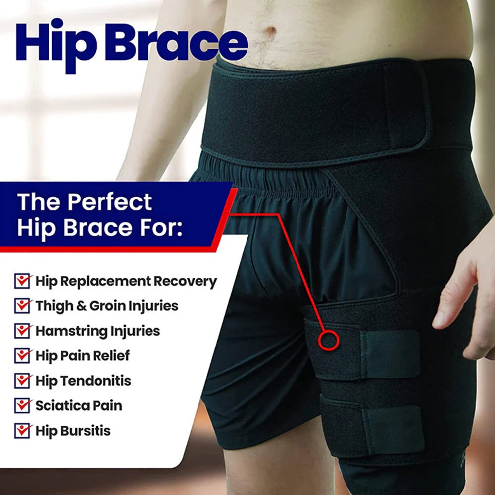 Fitlybuy black adjustable hip and thigh compression brace with SupportFlex technology for injury support and recovery.