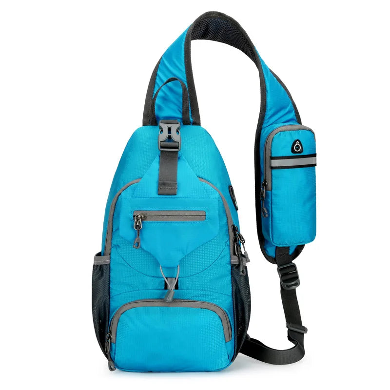 Bright blue, lightweight anti-theft sling backpack with multiple zippered pockets and a strap-mounted phone pouch.