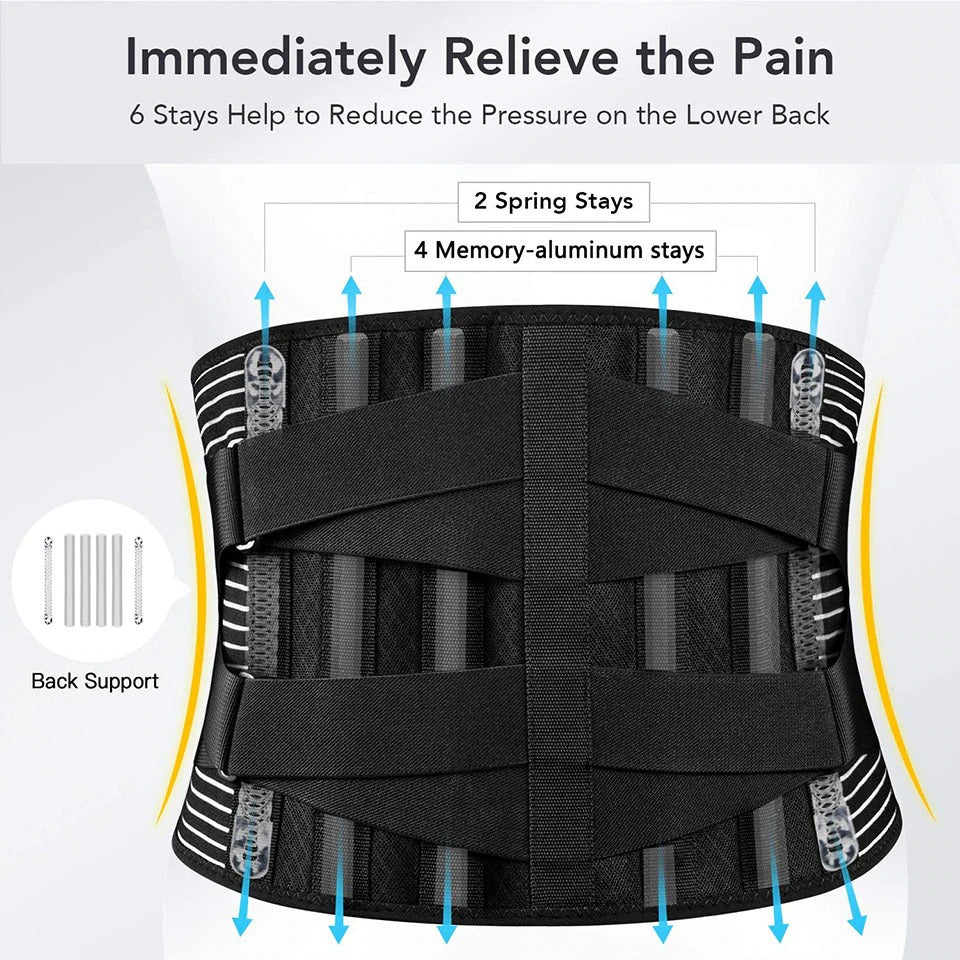 Black orthopedic lumbar back brace with 6 stays: 2 spring and 4 memory-aluminum for pressure relief and support.