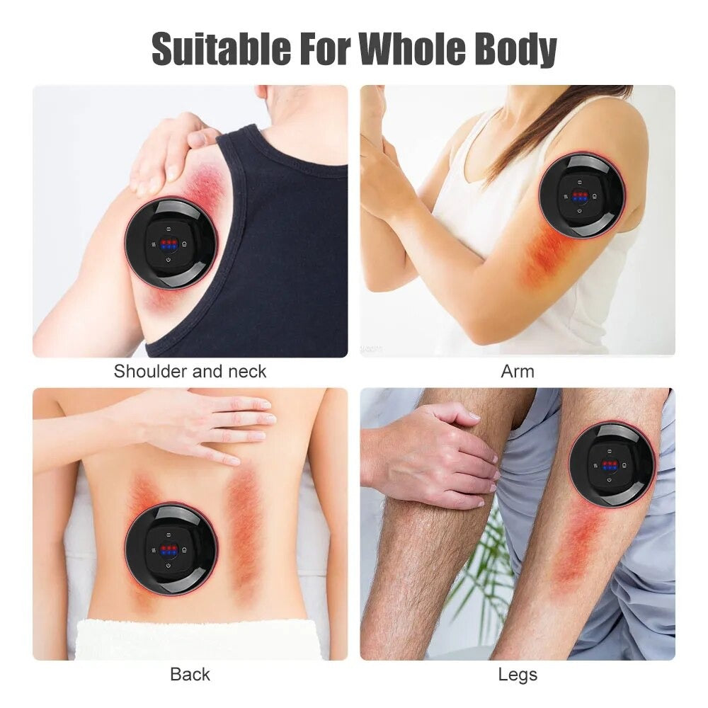 Fitlybuy electric black circular vacuum cupping massager on a shoulder, arm, back, and leg showing red skin suction.
