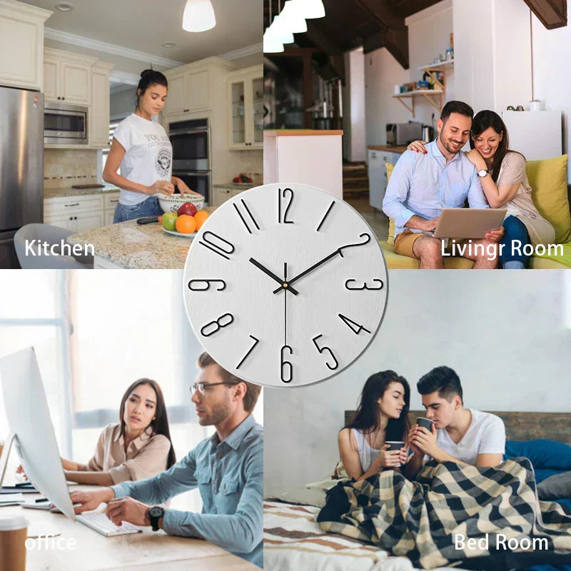 Fitlybuy white Scandinavian frameless wooden wall clock with black numbers, shown in home, office, and bedroom settings.