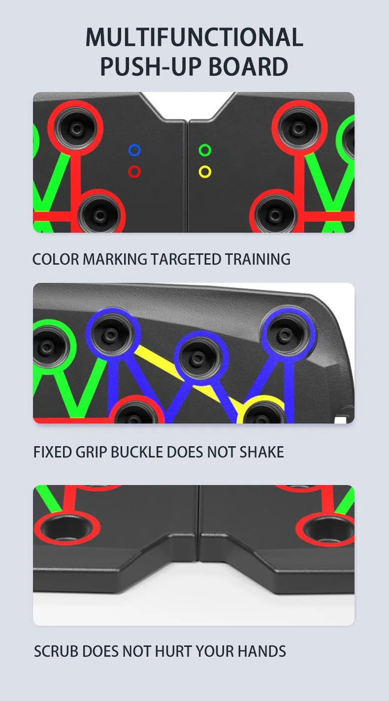 Fitlybuy folding push-up board featuring labeled color-coded grip slots for targeted muscle training.