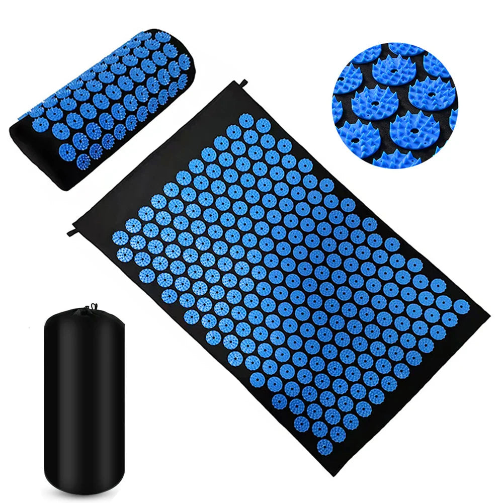Fitlybuy acupressure mat and pillow set in black with blue spiky pressure point discs and a storage bag.
