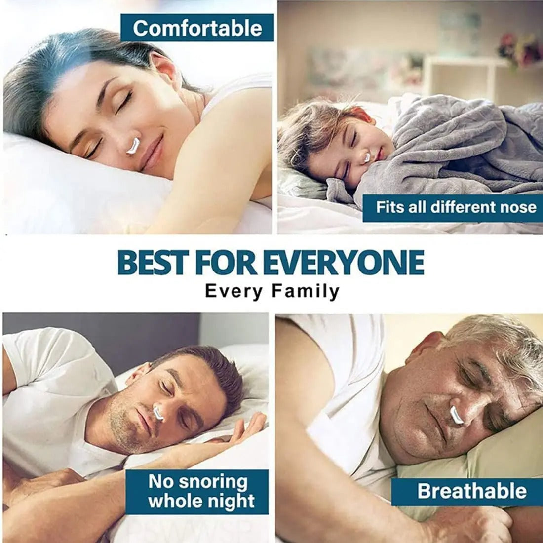 Fitlybuy white, magnetic anti-snoring nose clip shown on various people sleeping comfortably in bed.