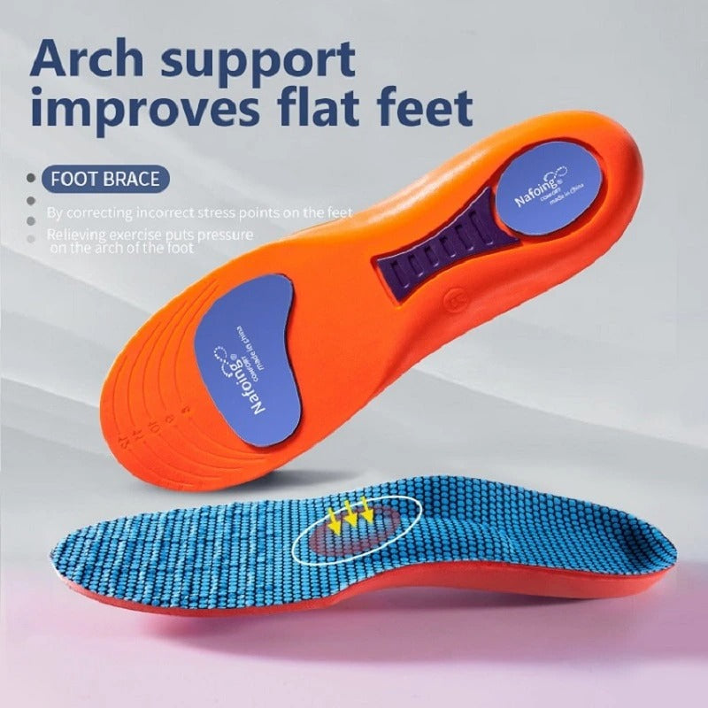 Fitlybuy orthopedic orange insoles with ComfortFlex arch support, blue textured top, and pressure-relieving heel pads.