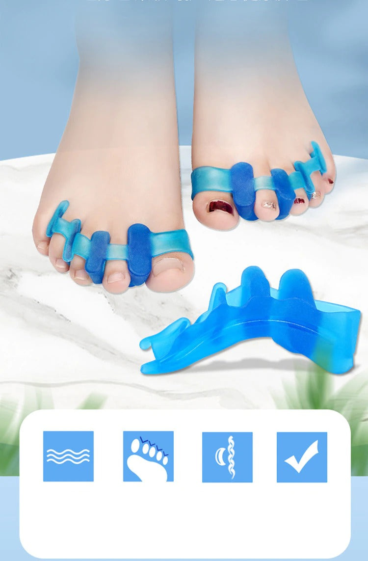 Blue silicone toe separators on feet and one separate piece, showcasing ComfortFlex alignment technology.
