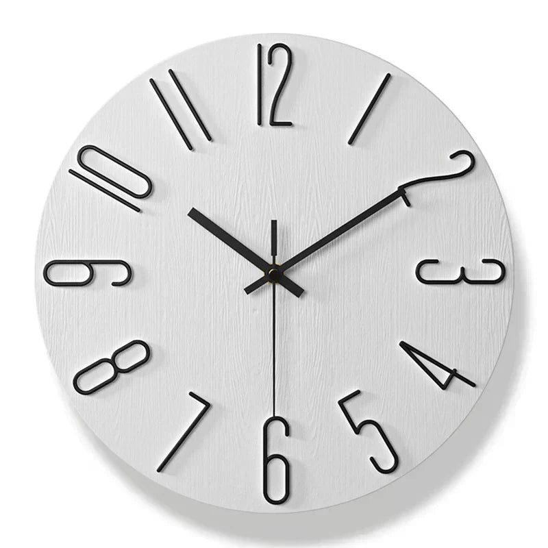Scandinavian frameless wall clock with a white wood-grain face and minimalist black 3D numbers and hands.
