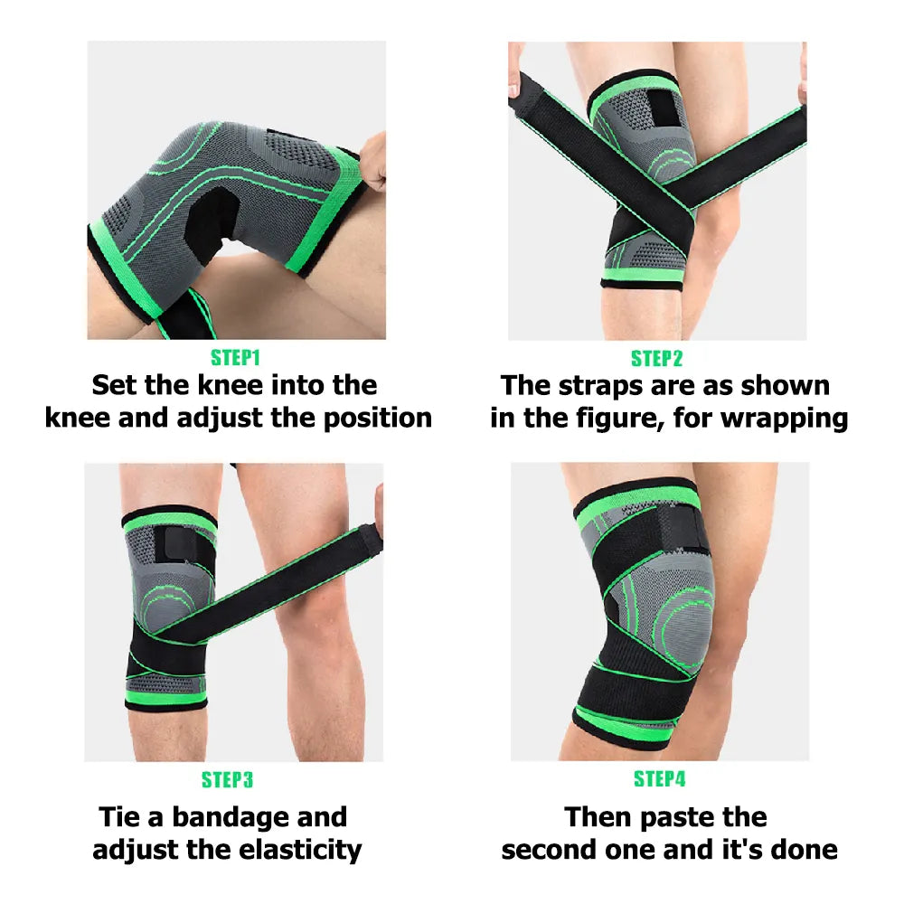 Four-step instruction guide showing how to apply a grey and green Fitlybuy knee compression sleeve with wrap straps.
