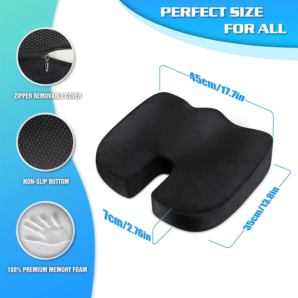 Fitlybuy black ergonomic memory foam seat cushion with non-slip bottom, removable zipper cover, and dimension labels.