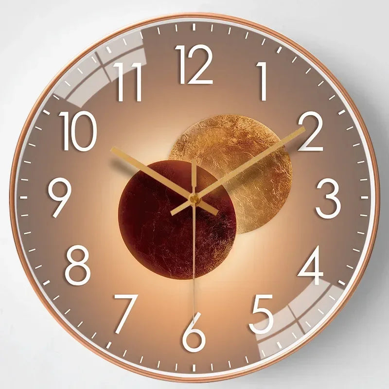 Fitlybuy silent wall clock with a rose-gold frame, brown gradient face, white numbers, and abstract gold/red moon art.