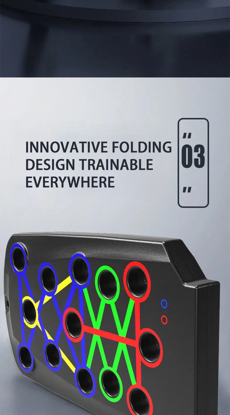 Fitlybuy black folding push-up board with color-coded slots for targeted muscle training and ergonomic grip design.