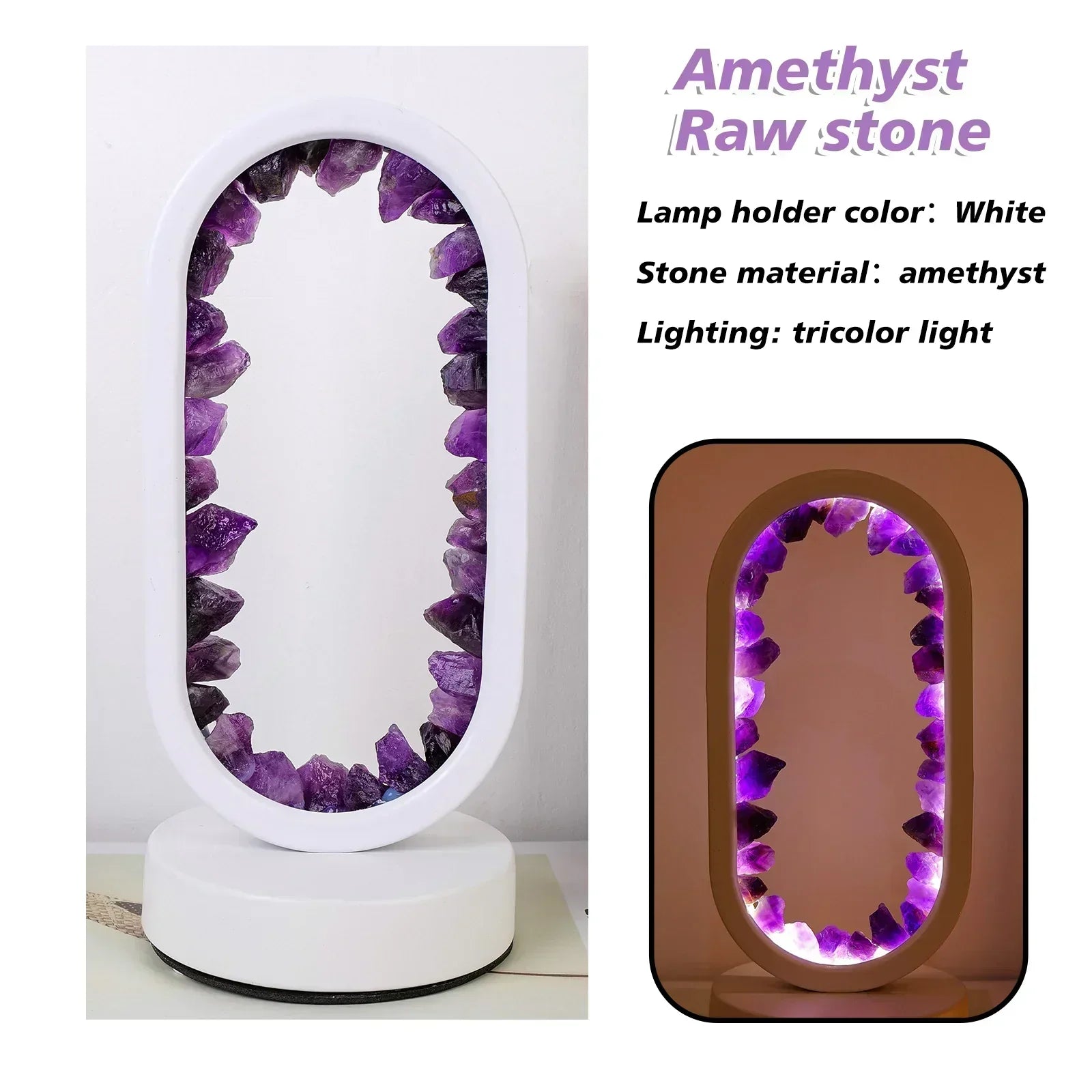 Fitlybuy AuraStone oval lamp with a white frame, raw amethyst crystals, and tricolor illumination technology.